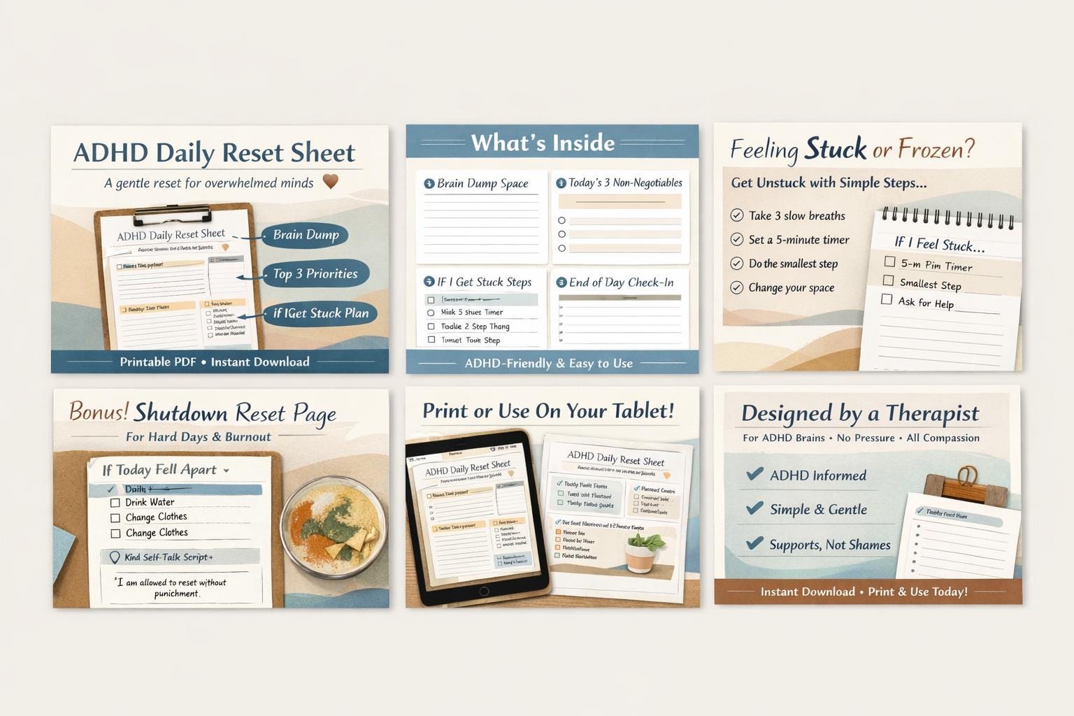 ADHD Daily Reset Sheet | Printable ADHD Planner | Overwhelm & Task Paralysis Tool | Therapist-Created Executive Function Support